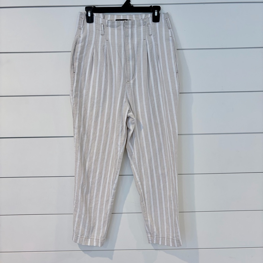Abercrombie Linen Pants Coastal Core Stripe Relaxed Beige White M Preppy